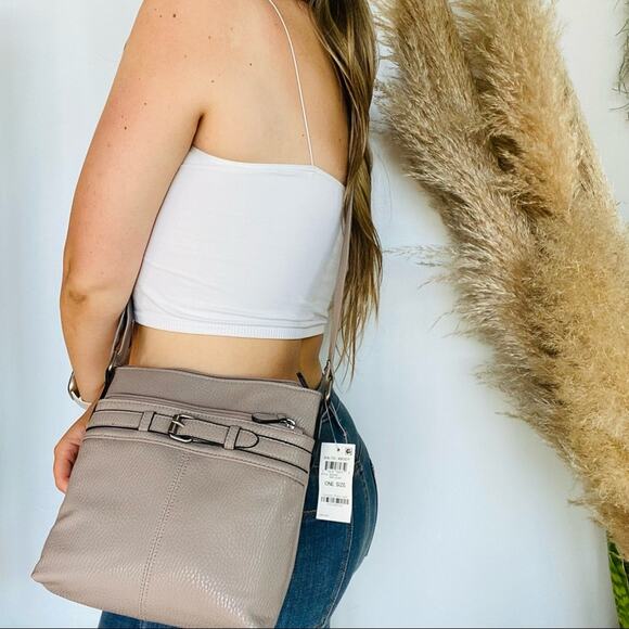 NEW STYLE & CO Beige Tan Vegan Faux Pebble Leather Crossbody Buckle Bag Purse - Picture 9 of 12